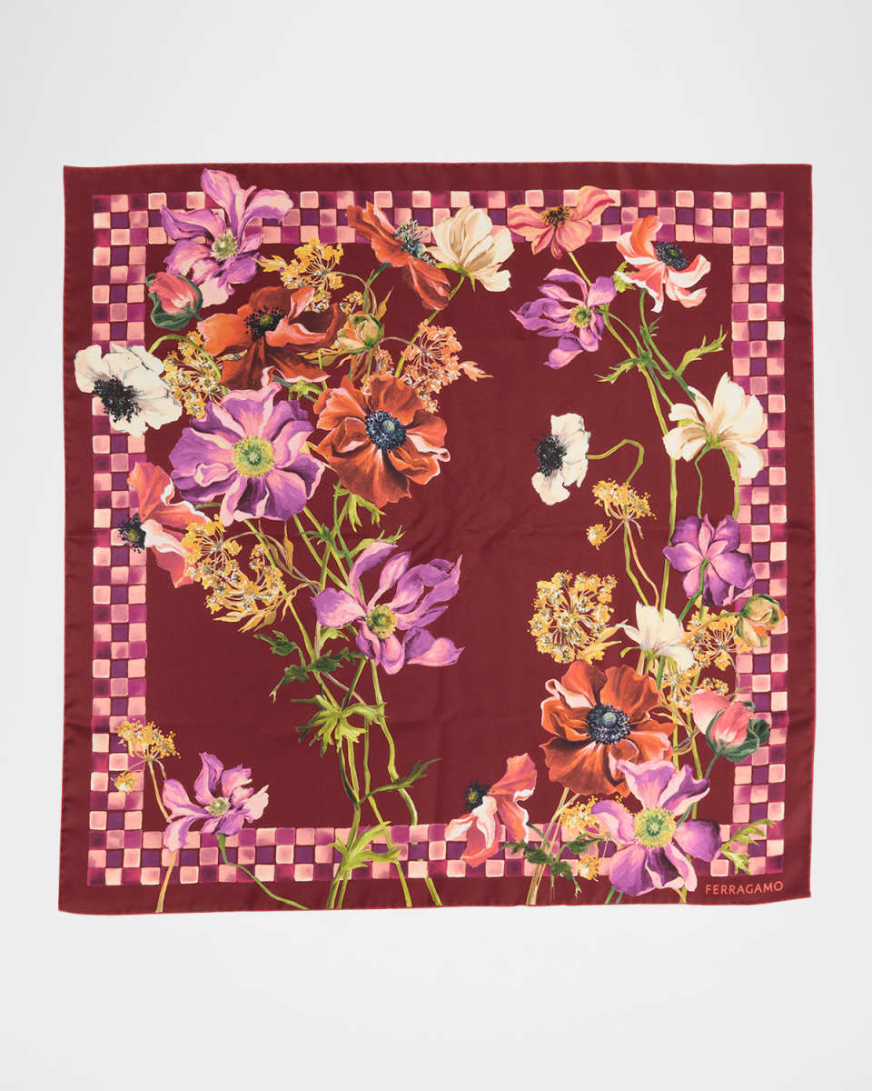 Bordeaux Flower Print Silk Foulard Scarf